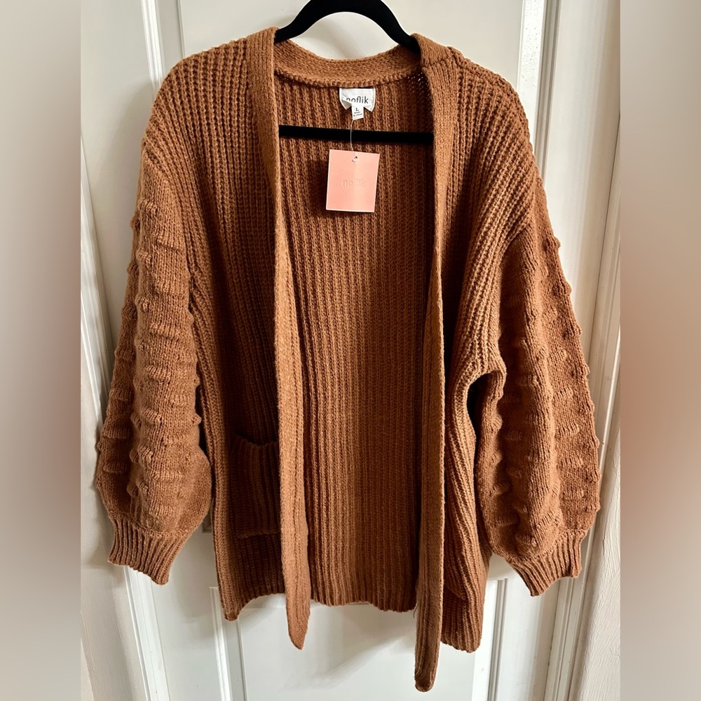 Noflik NEW Camel Oversized Pompom Sleeve Chunky Knit Cardigan - Size XL
